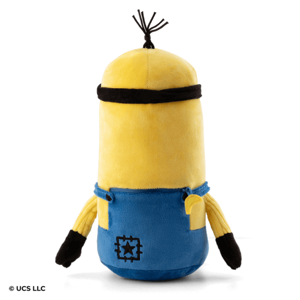 backside a minion stuffed toy of a yellow and blue with a zipper for scent