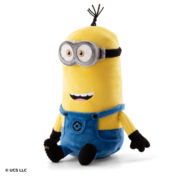 left side a minion stuffed toy of a yellow and blue with a zipper for scent