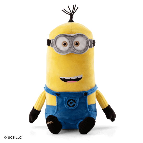 front few of Kevin, a minion stuffed toy with blue overalls