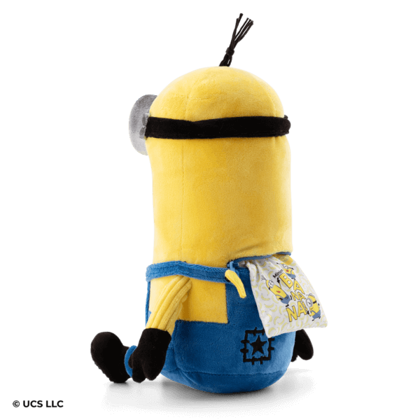 backside a minion stuffed toy of a yellow and blue with a open zipper and scent pack sticking out